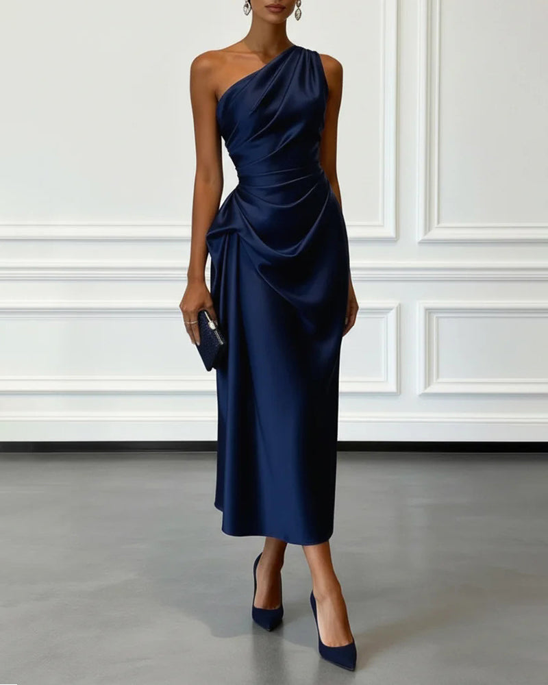 Asymmetric Midi Dress Women's Draped Design with One-Shoulder Style - 2 - Stylewhipped