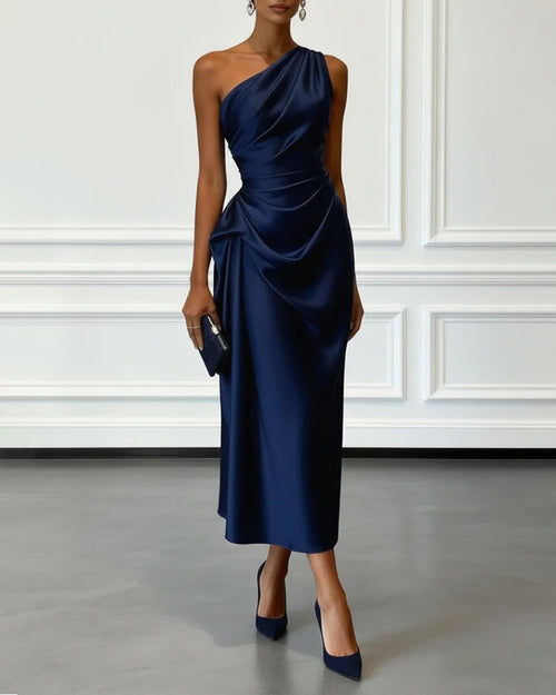 Asymmetric Midi Dress Women's Draped Design with One-Shoulder Style - 2 - Stylewhipped