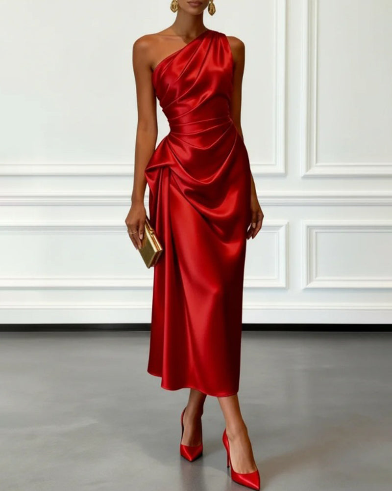 Asymmetric Midi Dress Women's Draped Design with One-Shoulder Style - 3 - Stylewhipped