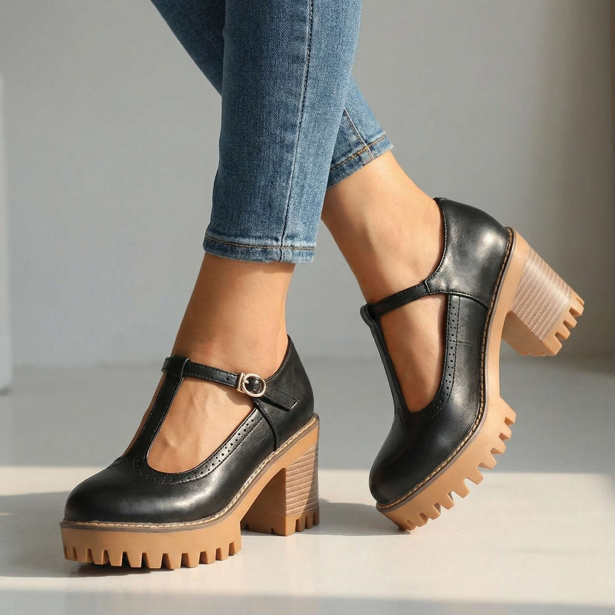 Mary Jane Block Heels for Women with T-Strap and Chunky Sole - 1 - Stylewhipped