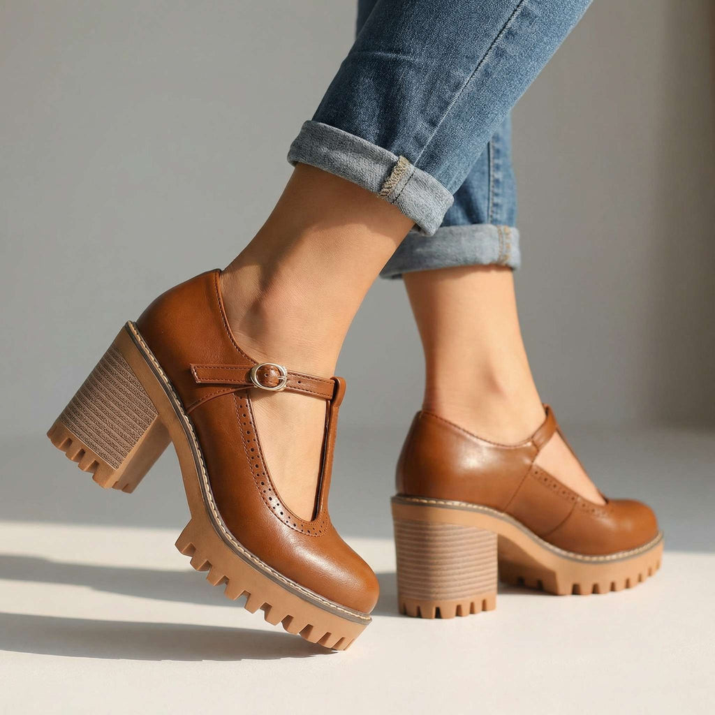 Mary Jane Block Heels for Women with T-Strap and Chunky Sole - 2 - Stylewhipped