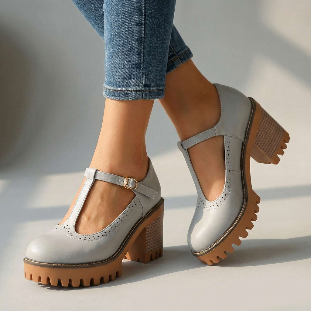 Mary Jane Block Heels for Women with T-Strap and Chunky Sole - 3 - Stylewhipped