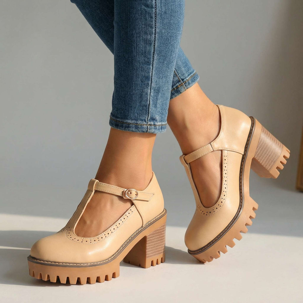 Mary Jane Block Heels for Women with T-Strap and Chunky Sole - 4 - Stylewhipped