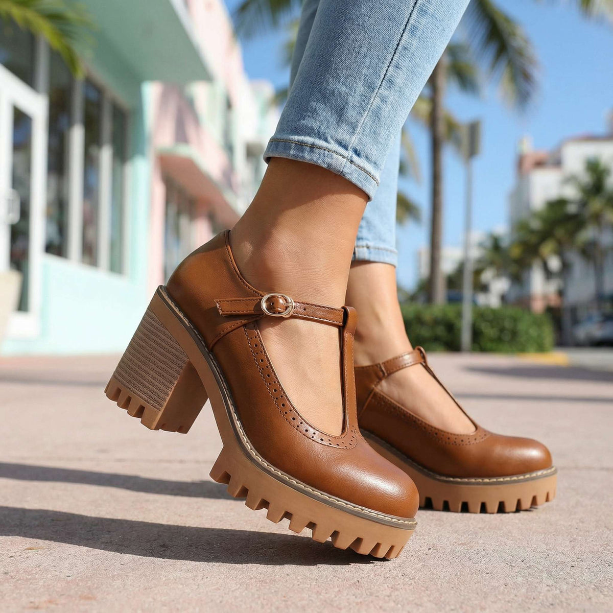 Mary Jane Block Heels for Women with T-Strap and Chunky Sole - 5 - Stylewhipped