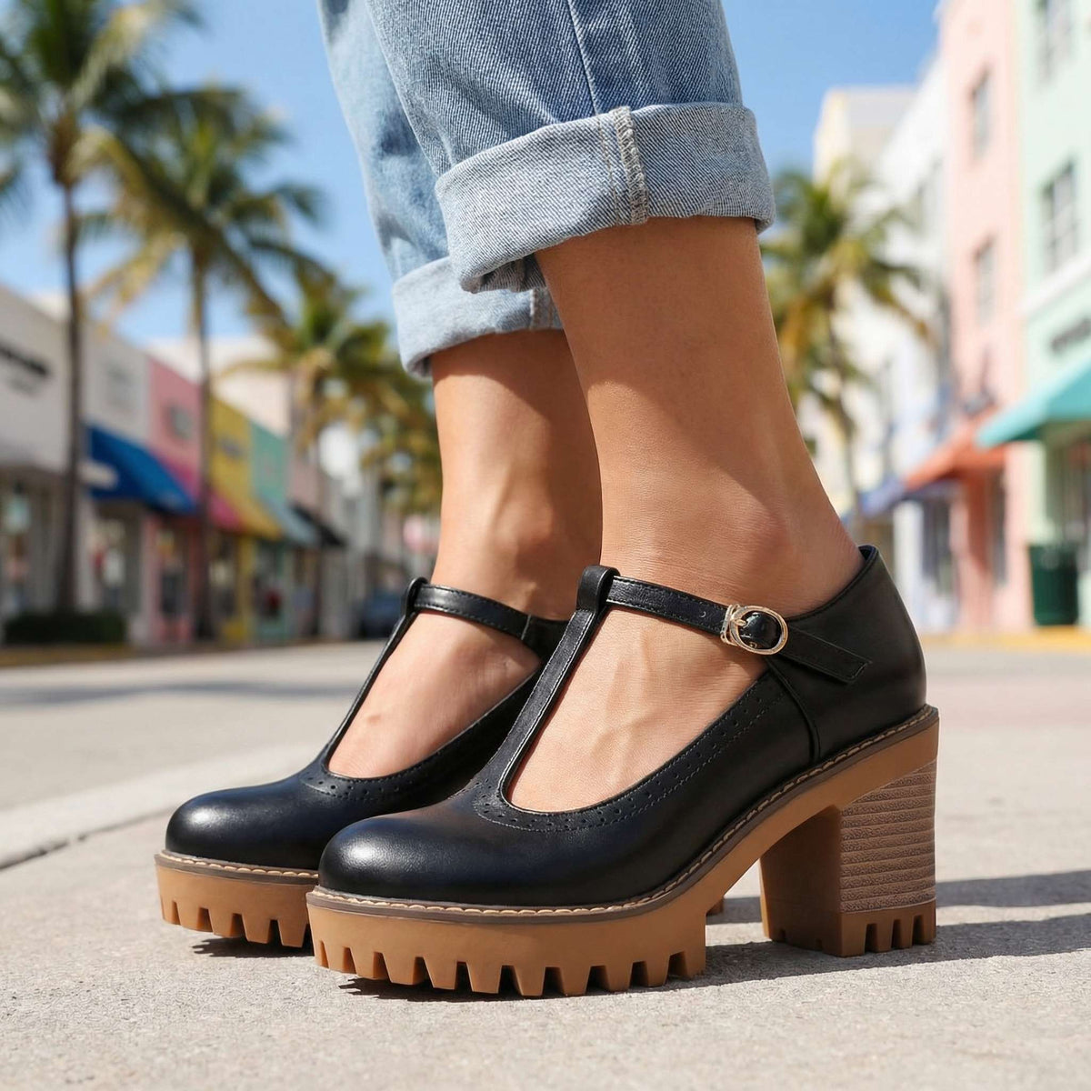 Mary Jane Block Heels for Women with T-Strap and Chunky Sole - 6 - Stylewhipped