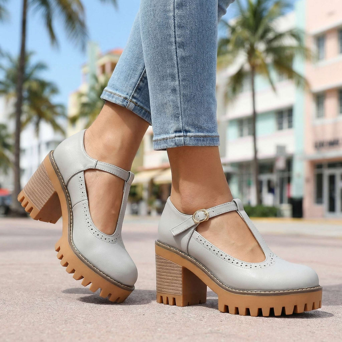 Mary Jane Block Heels for Women with T-Strap and Chunky Sole - 7 - Stylewhipped