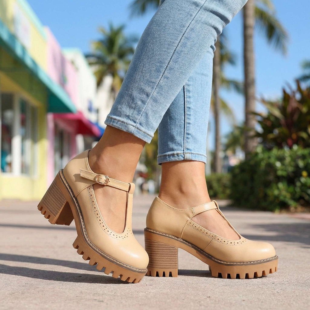 Mary Jane Block Heels for Women with T-Strap and Chunky Sole - 8 - Stylewhipped
