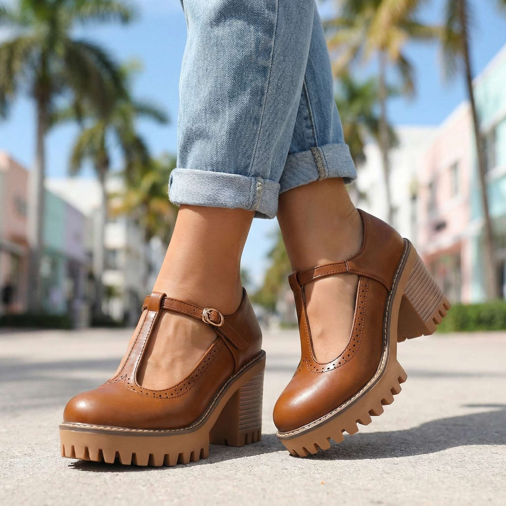 Mary Jane Block Heels for Women with T-Strap and Chunky Sole - 9 - Stylewhipped