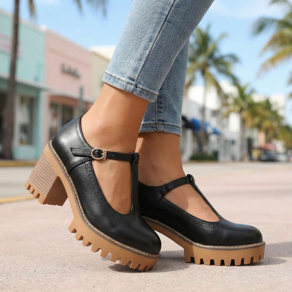Mary Jane Block Heels for Women with T-Strap and Chunky Sole - 10 - Stylewhipped