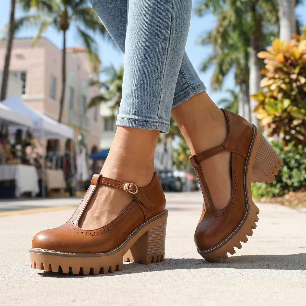 Mary Jane Block Heels for Women with T-Strap and Chunky Sole - 11 - Stylewhipped