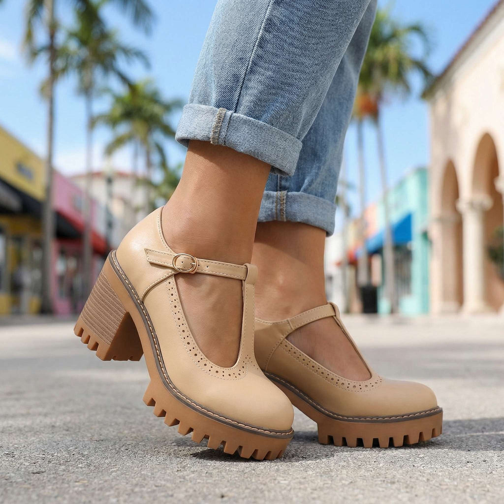 Mary Jane Block Heels for Women with T-Strap and Chunky Sole - 12 - Stylewhipped
