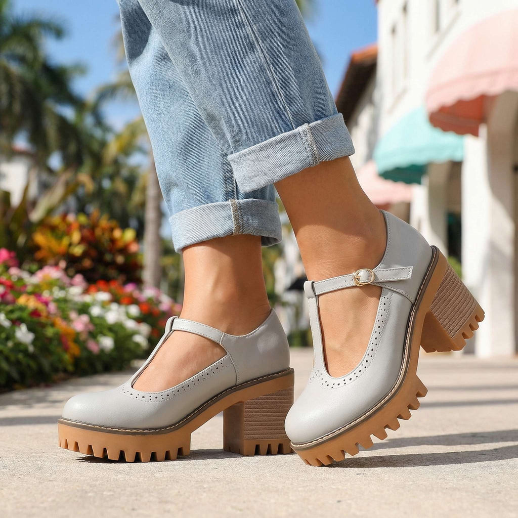 Mary Jane Block Heels for Women with T-Strap and Chunky Sole - 14 - Stylewhipped