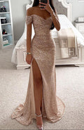 Evening Dress Women's Off-Shoulder Silhouette with Daring Side Slit - 1 - Stylewhipped