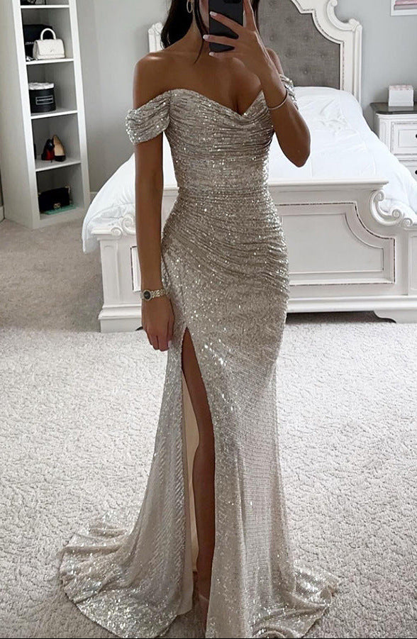 Evening Dress Women's Off-Shoulder Silhouette with Daring Side Slit - 2 - Stylewhipped