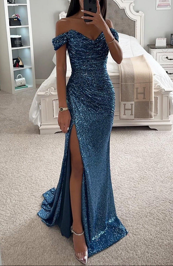 Evening Dress Women's Off-Shoulder Silhouette with Daring Side Slit - 3 - Stylewhipped