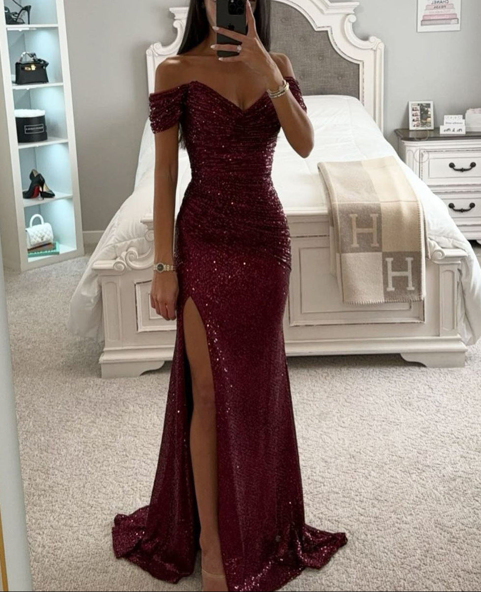 Evening Dress Women's Off-Shoulder Silhouette with Daring Side Slit - 4 - Stylewhipped