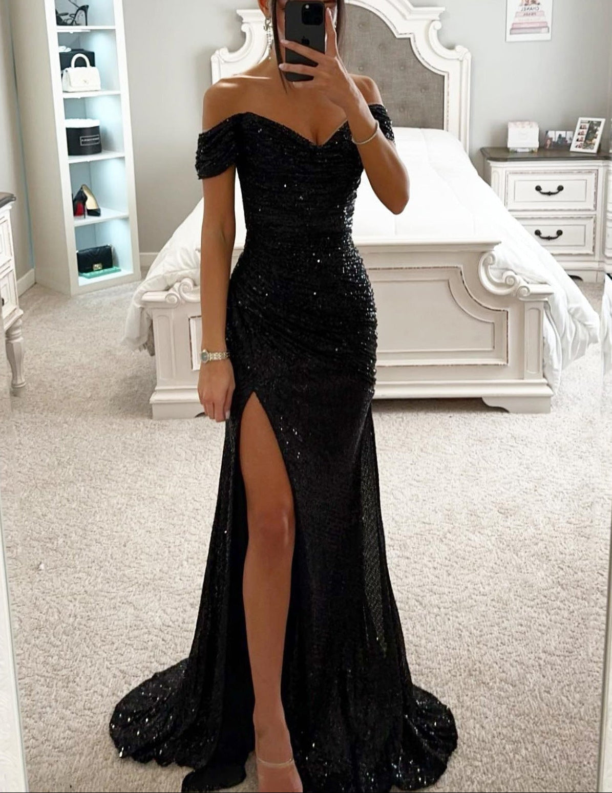 Evening Dress Women's Off-Shoulder Silhouette with Daring Side Slit - 6 - Stylewhipped