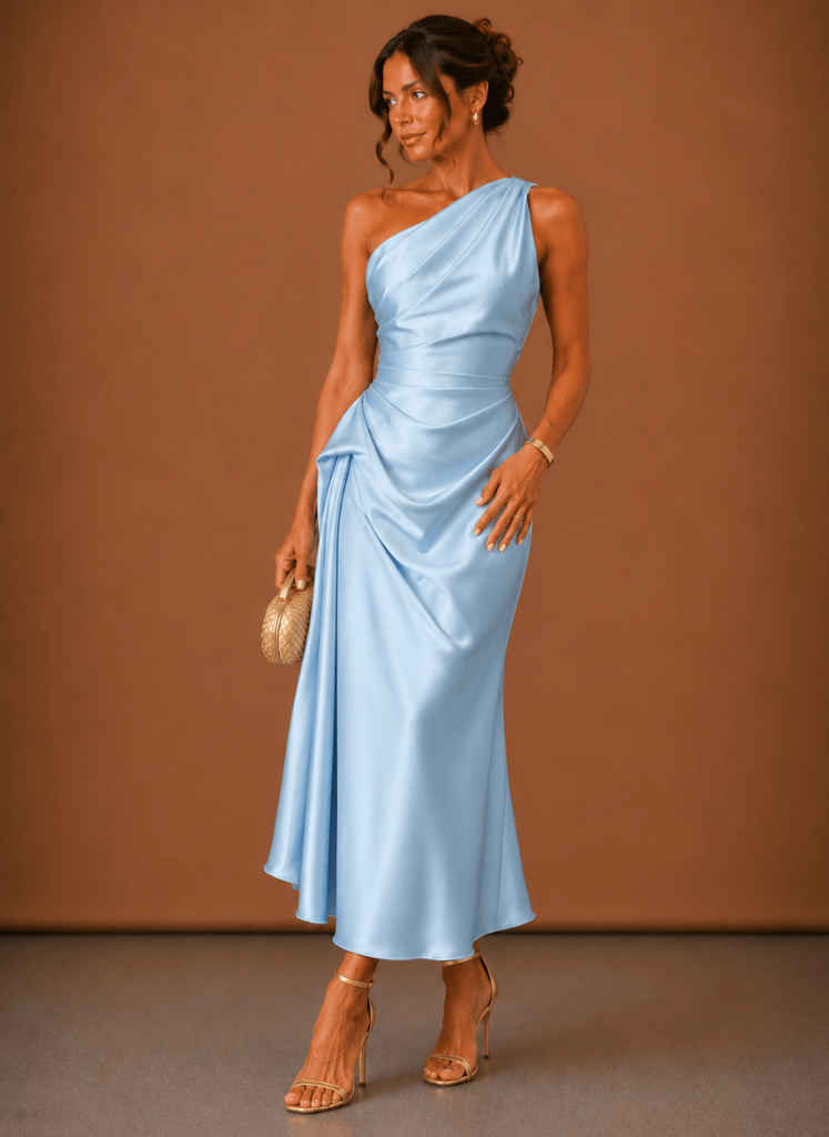 Evening Dress for Women with Asymmetric Neckline and Elegant Draping - 1 - Stylewhipped