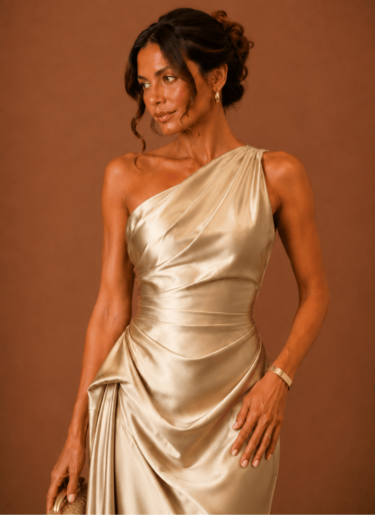 Evening Dress for Women with Asymmetric Neckline and Elegant Draping - 4 - Stylewhipped