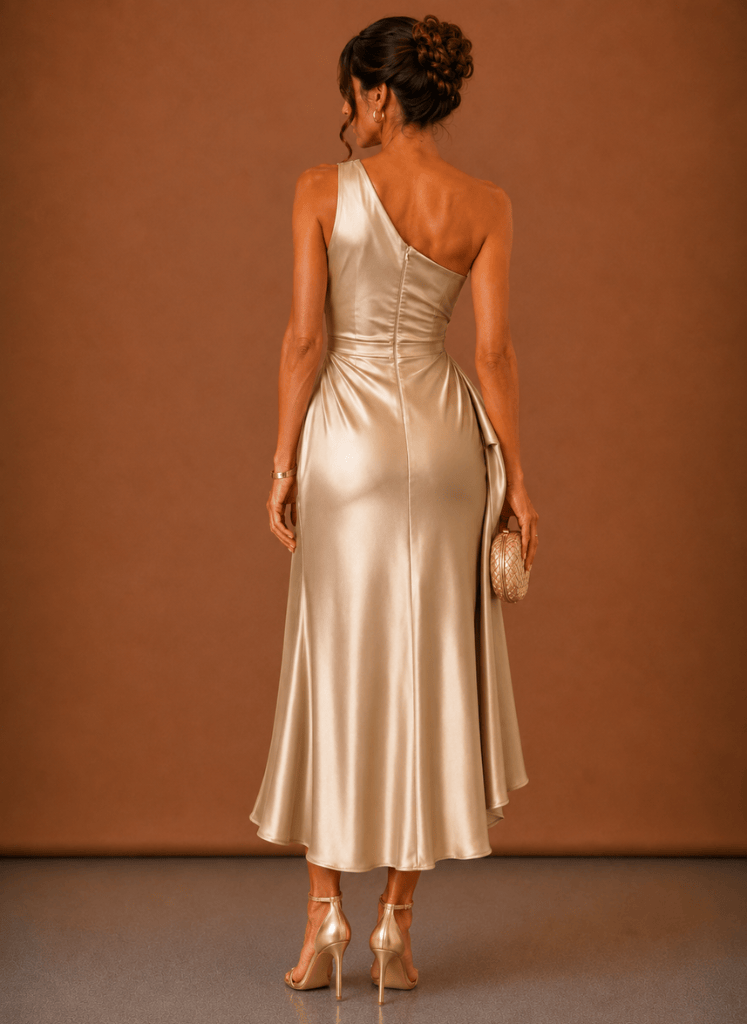 Evening Dress for Women with Asymmetric Neckline and Elegant Draping - 6 - Stylewhipped