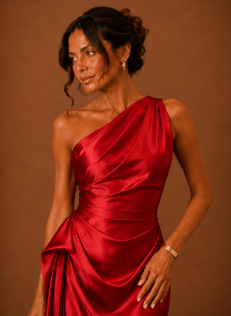 Evening Dress for Women with Asymmetric Neckline and Elegant Draping - 9 - Stylewhipped
