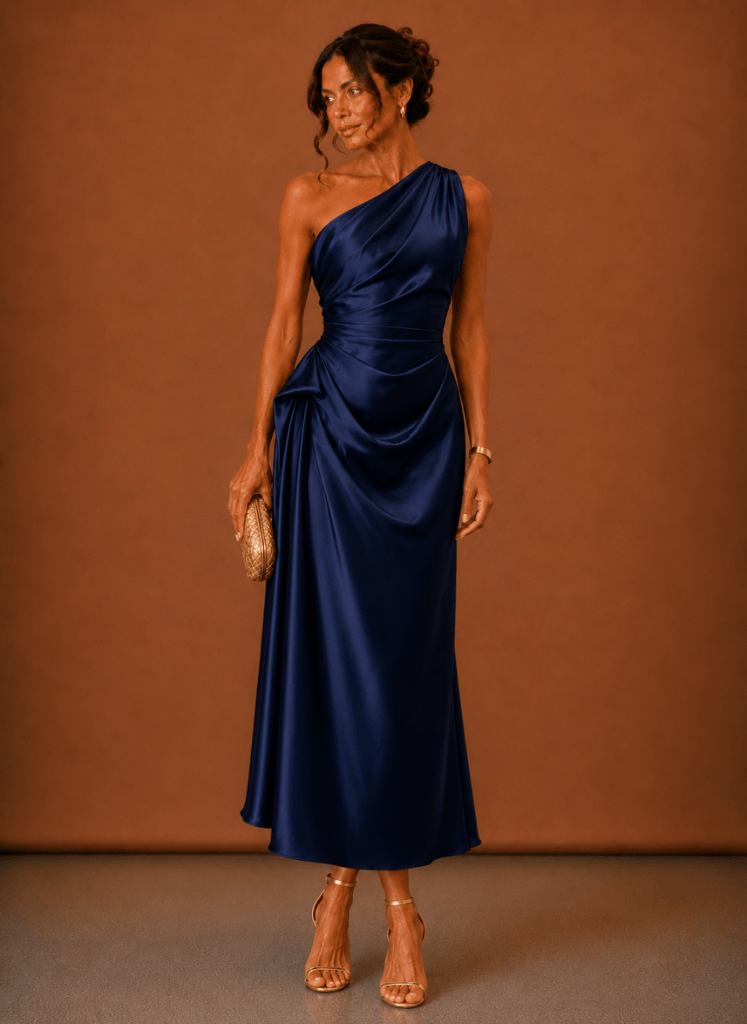 Evening Dress for Women with Asymmetric Neckline and Elegant Draping - 14 - Stylewhipped