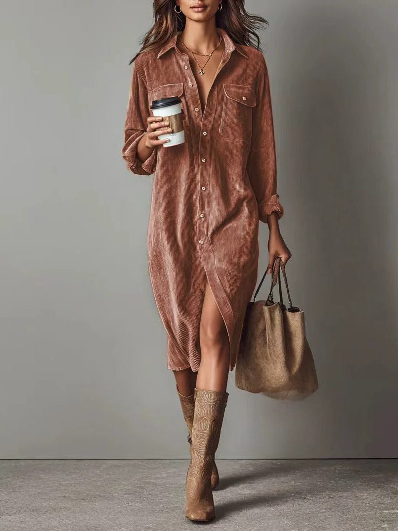 Shirt Dress Women Long Sleeve with Stylish Slit and Pocket Detail - 1 - Stylewhipped