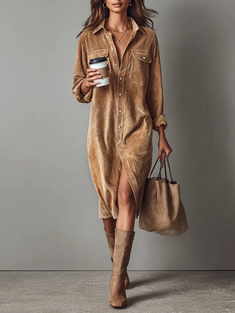 Shirt Dress Women Long Sleeve with Stylish Slit and Pocket Detail - 4 - Stylewhipped