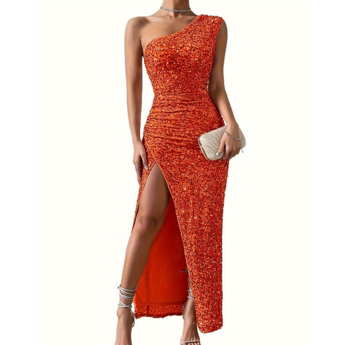 Evening Dress for Women with Asymmetric Neckline and High Slit - 4 - Stylewhipped