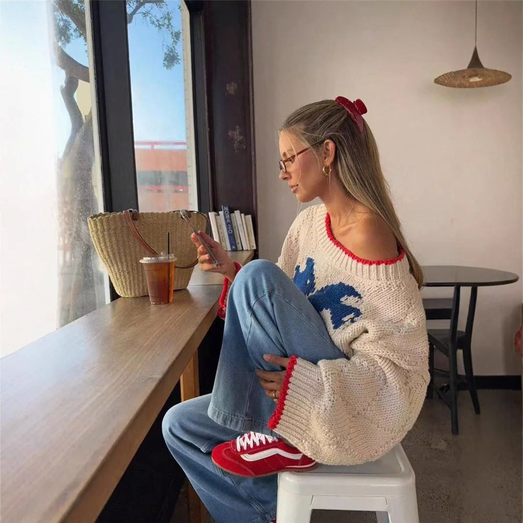 Women's Oversized Pullover with Contrast Trim and Unique Pattern - 5 - Stylewhipped