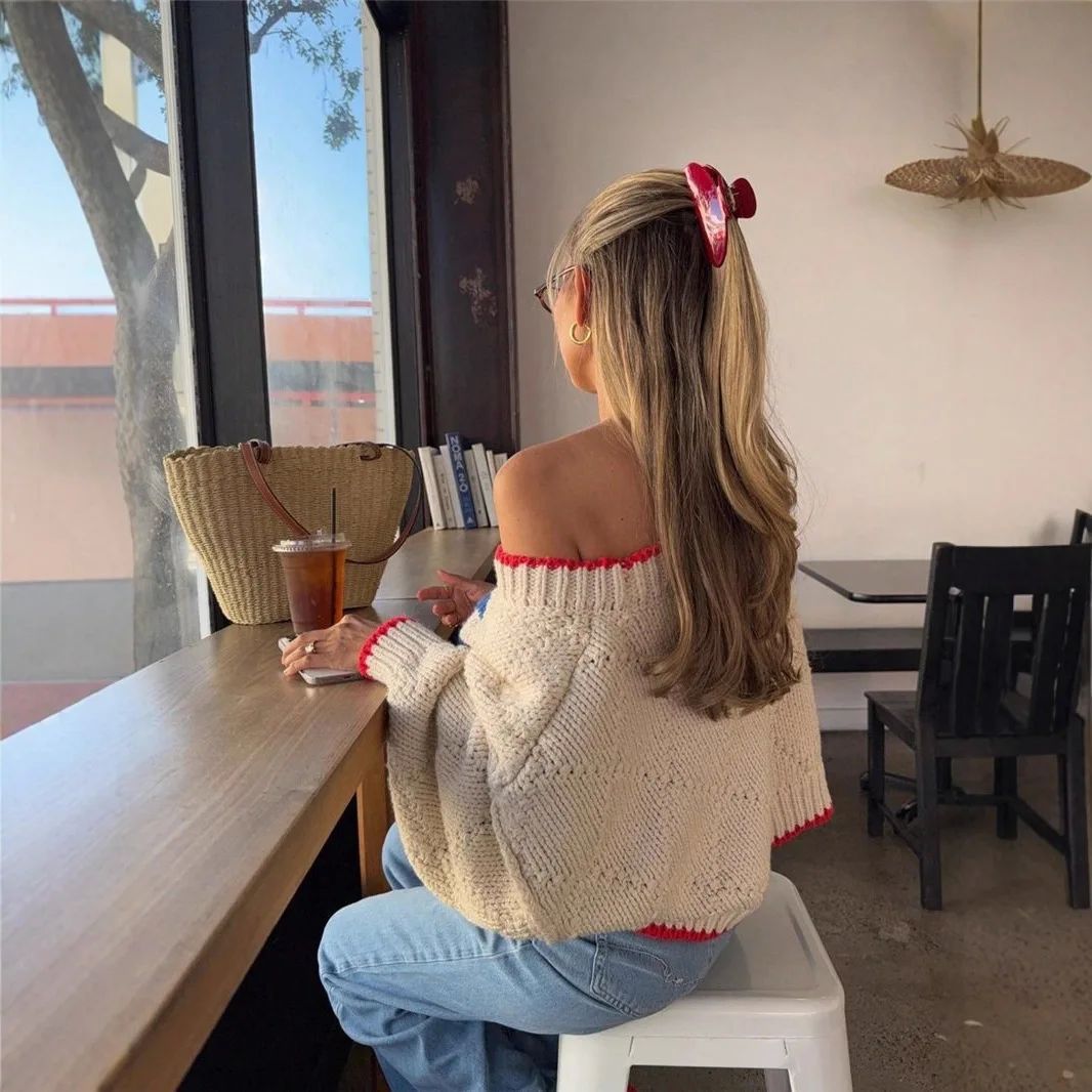 Women's Oversized Pullover with Contrast Trim and Unique Pattern - 6 - Stylewhipped