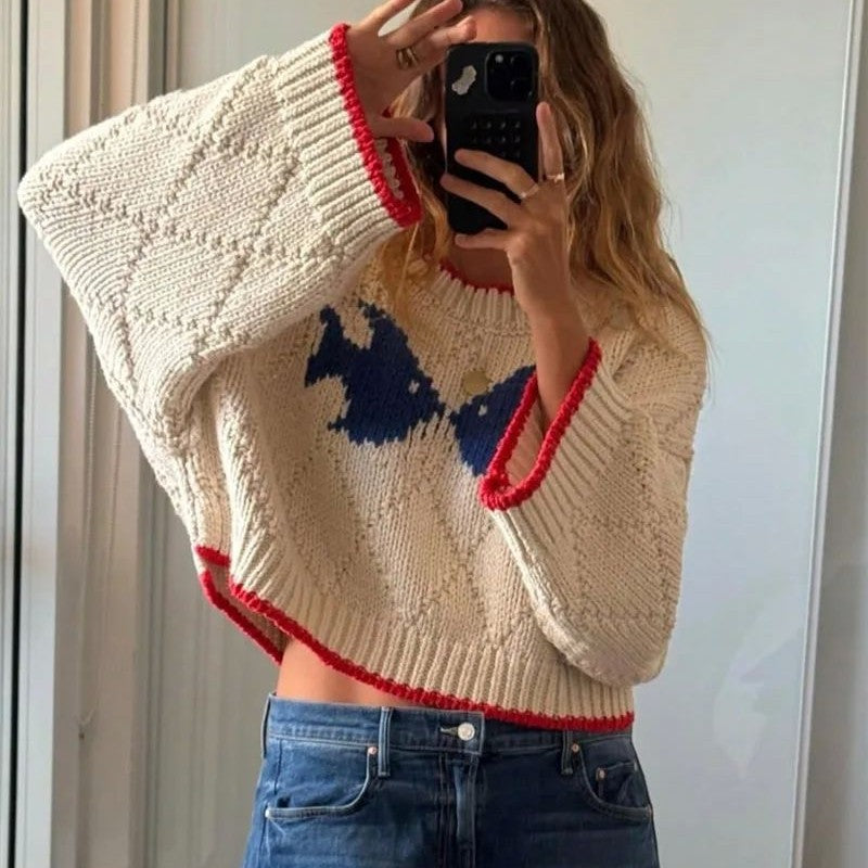 Women's Oversized Pullover with Contrast Trim and Unique Pattern - 8 - Stylewhipped