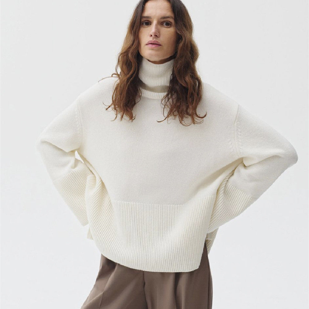 Pullover Women's Relaxed Fit with High Neck and Ribbed Detail - 4 - Stylewhipped