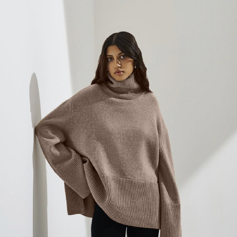 Pullover Women's Relaxed Fit with High Neck and Ribbed Detail - 6 - Stylewhipped