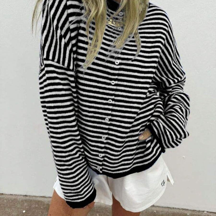 Striped Cardigan Women’s Relaxed Fit with Button Front - 1 - Stylewhipped