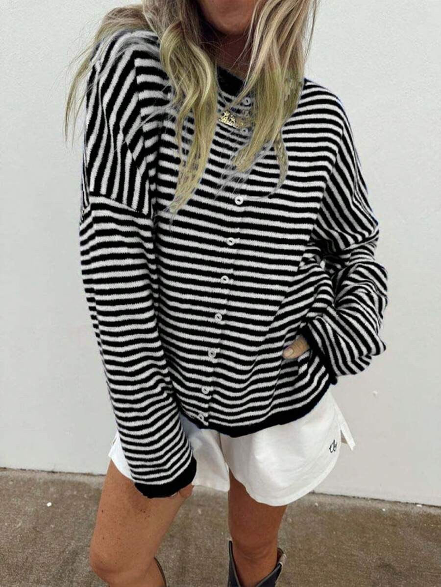Striped Cardigan Women’s Relaxed Fit with Button Front - 7 - Stylewhipped