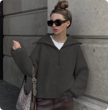 Women's Pullover with Zip and Stand-Up Collar - 1 - Stylewhipped