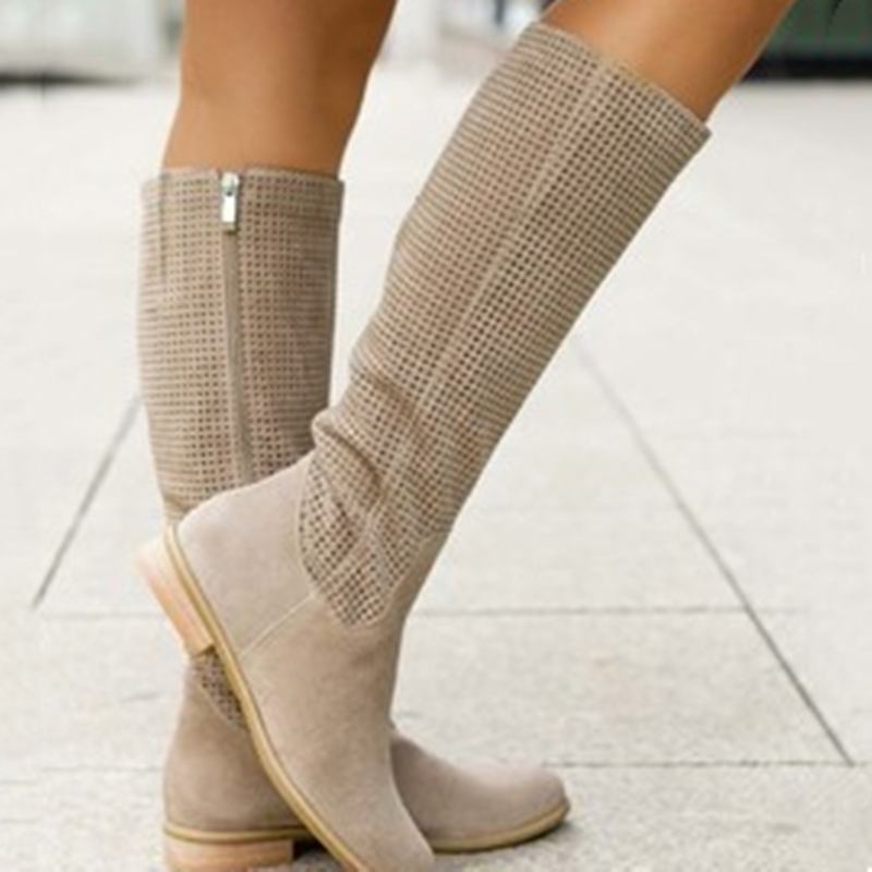 Knee-High Women's Boots with Perforated Design and Round Toe - 1 - Stylewhipped