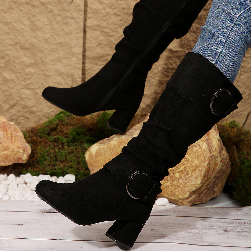 Knee-High Women's Boots with Chunky Heel and Buckle Detail - 1 - Stylewhipped