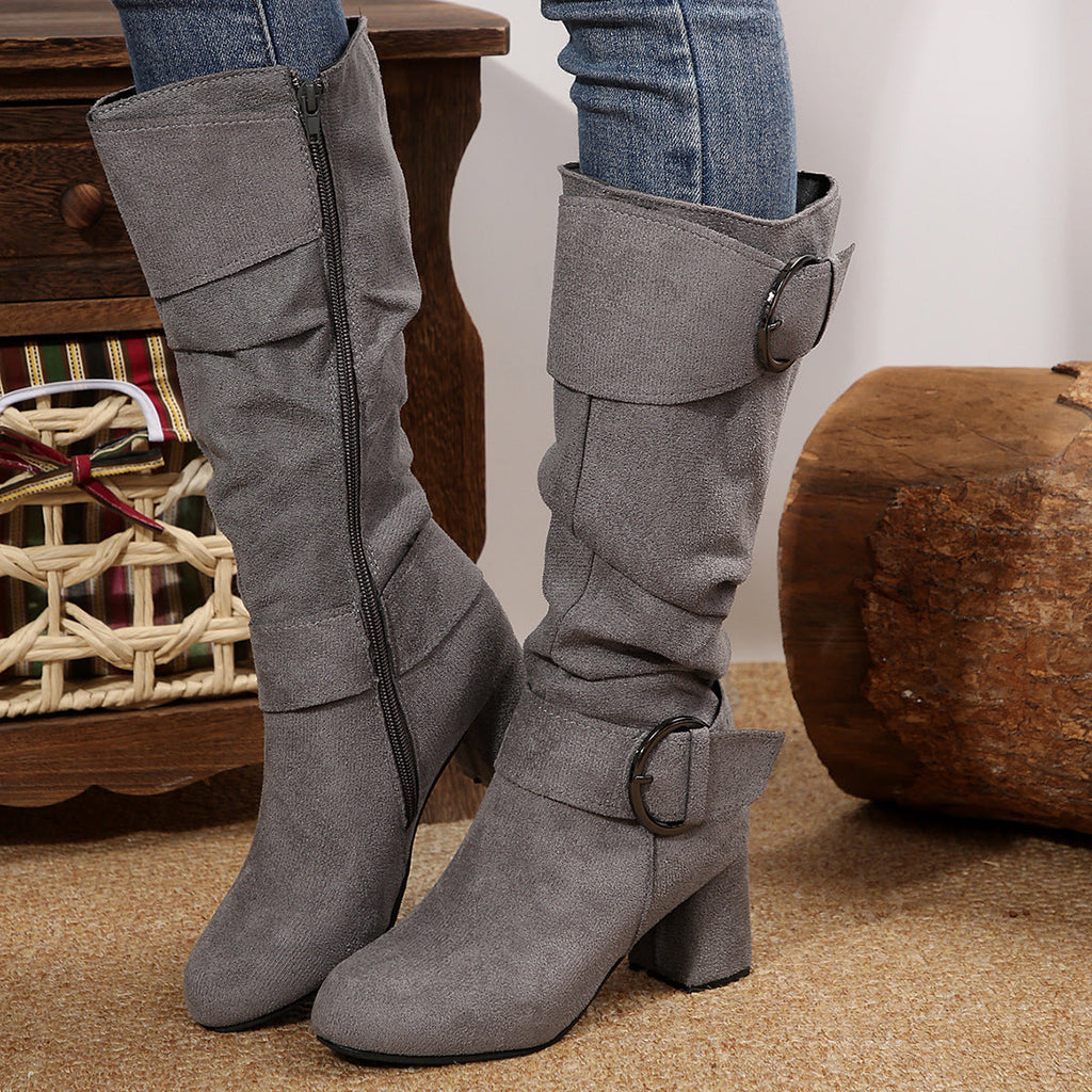 Knee-High Women's Boots with Chunky Heel and Buckle Detail - 2 - Stylewhipped