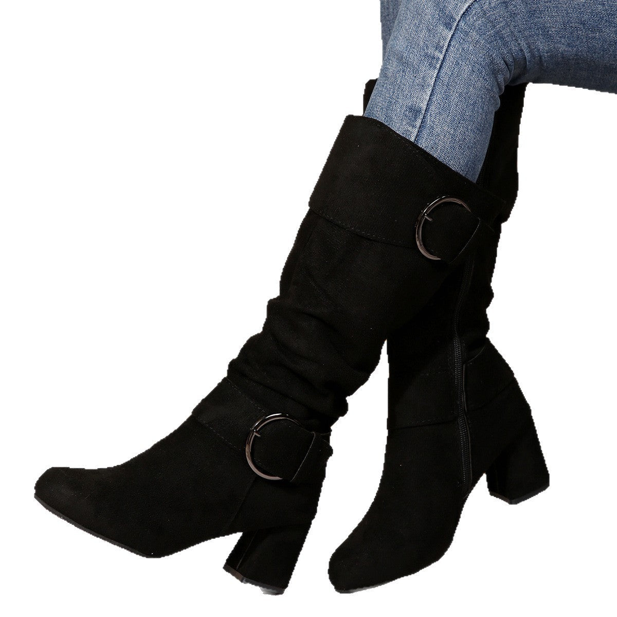 Knee-High Women's Boots with Chunky Heel and Buckle Detail - 3 - Stylewhipped