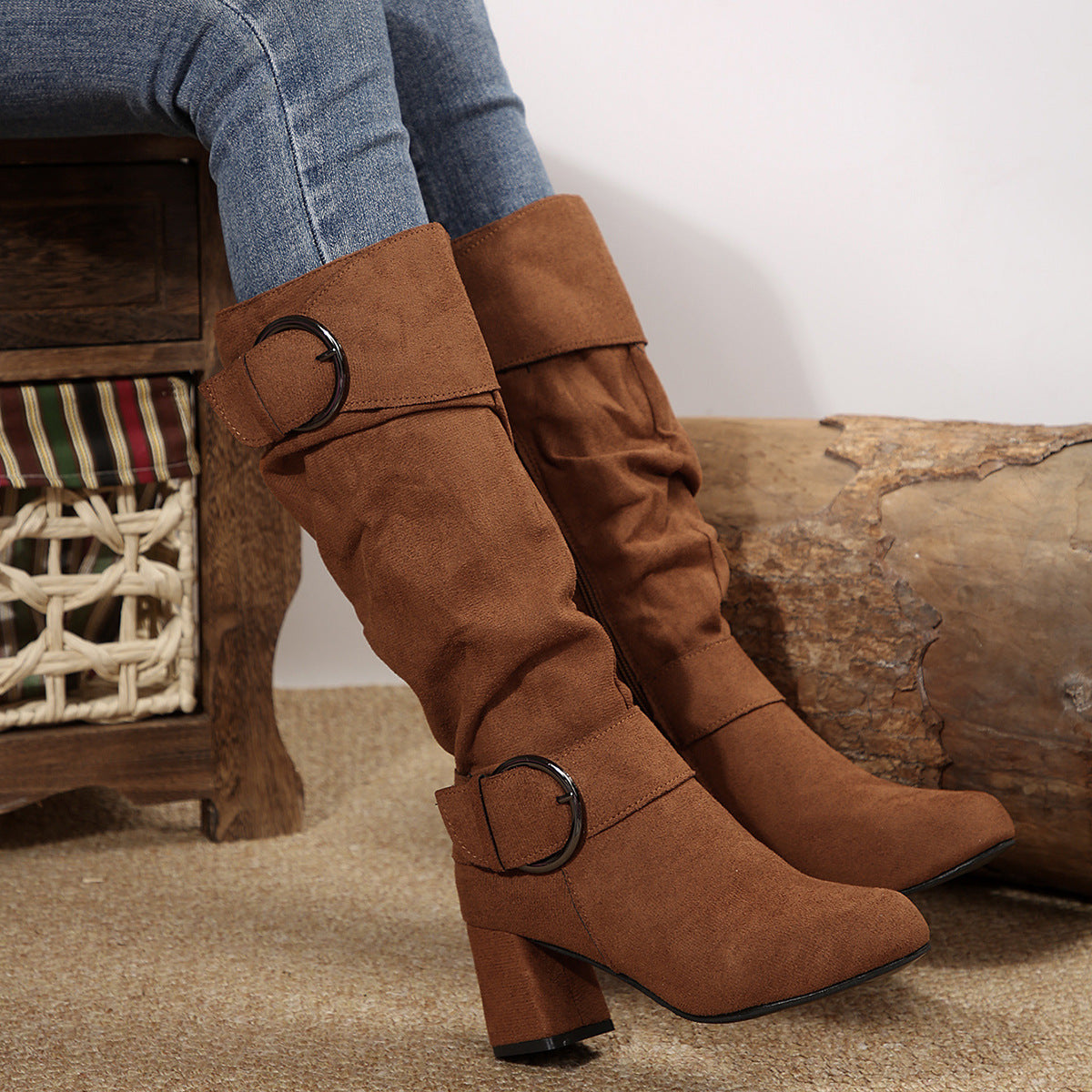 Knee-High Women's Boots with Chunky Heel and Buckle Detail - 4 - Stylewhipped