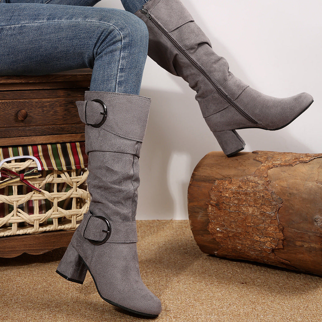 Knee-High Women's Boots with Chunky Heel and Buckle Detail - 5 - Stylewhipped
