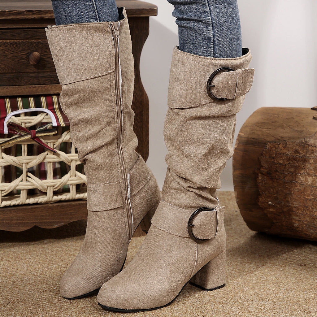 Knee-High Women's Boots with Chunky Heel and Buckle Detail - 7 - Stylewhipped
