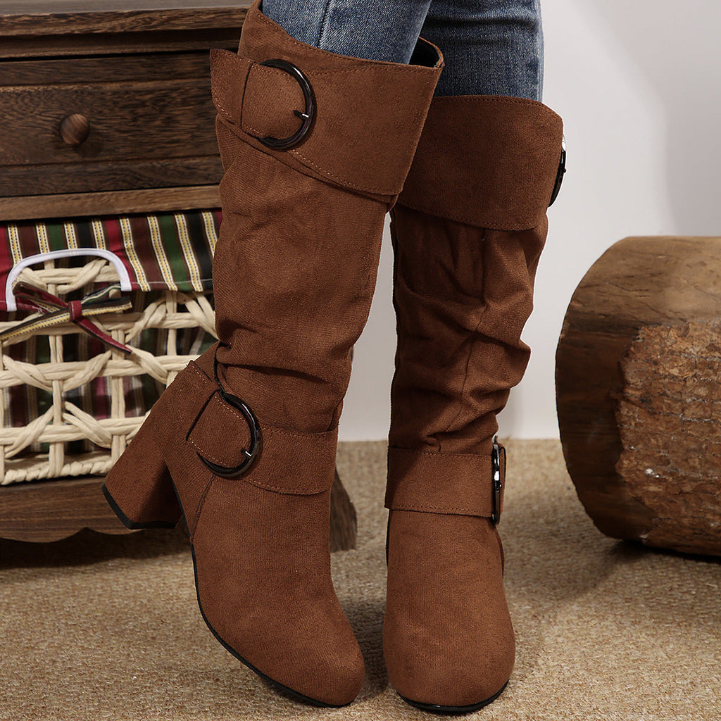Knee-High Women's Boots with Chunky Heel and Buckle Detail - 8 - Stylewhipped