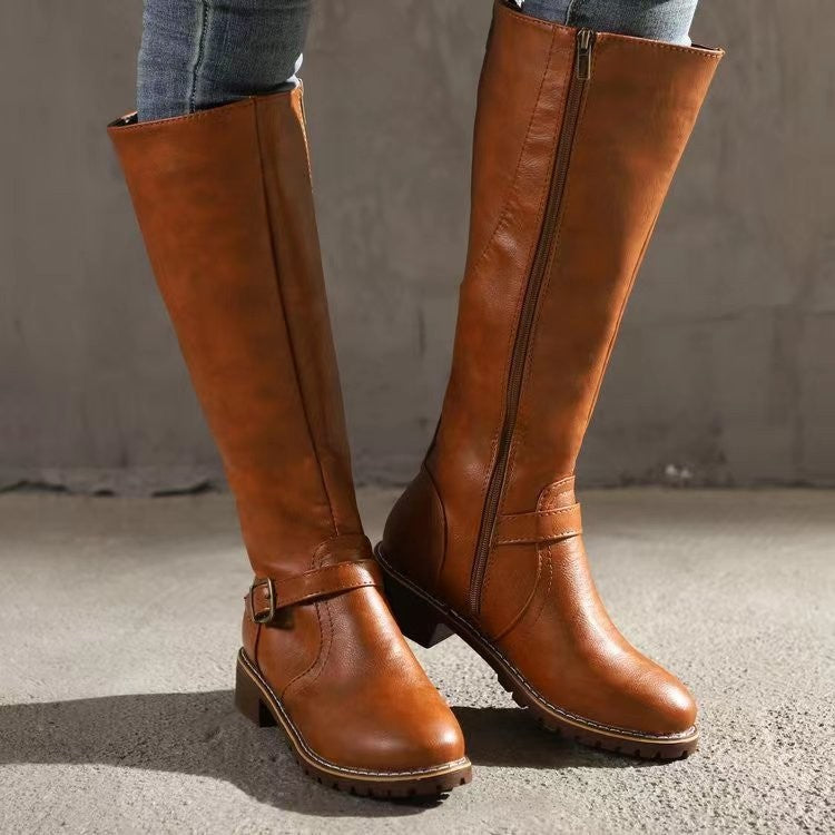 Knee-High Women's Boots with Block Heel and Chic Buckle - 2 - Stylewhipped