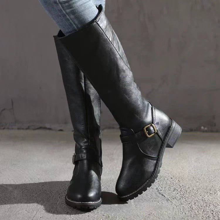 Knee-High Women's Boots with Block Heel and Chic Buckle - 3 - Stylewhipped