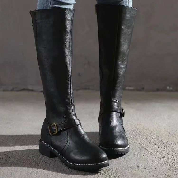 Knee-High Women's Boots with Block Heel and Chic Buckle - 4 - Stylewhipped