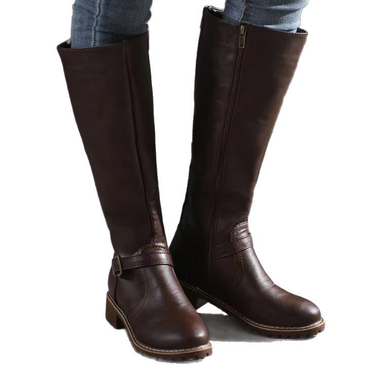 Knee-High Women's Boots with Block Heel and Chic Buckle - 5 - Stylewhipped