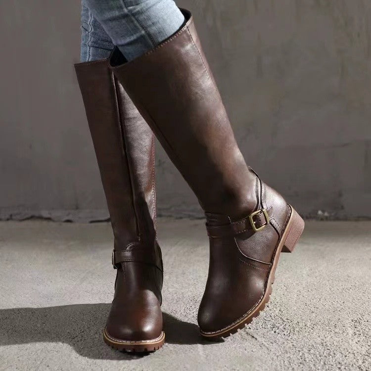 Knee-High Women's Boots with Block Heel and Chic Buckle - 7 - Stylewhipped